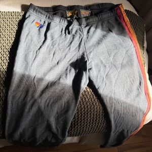 Aviator Nation Gray Joggers with Red and Yellow Stripes